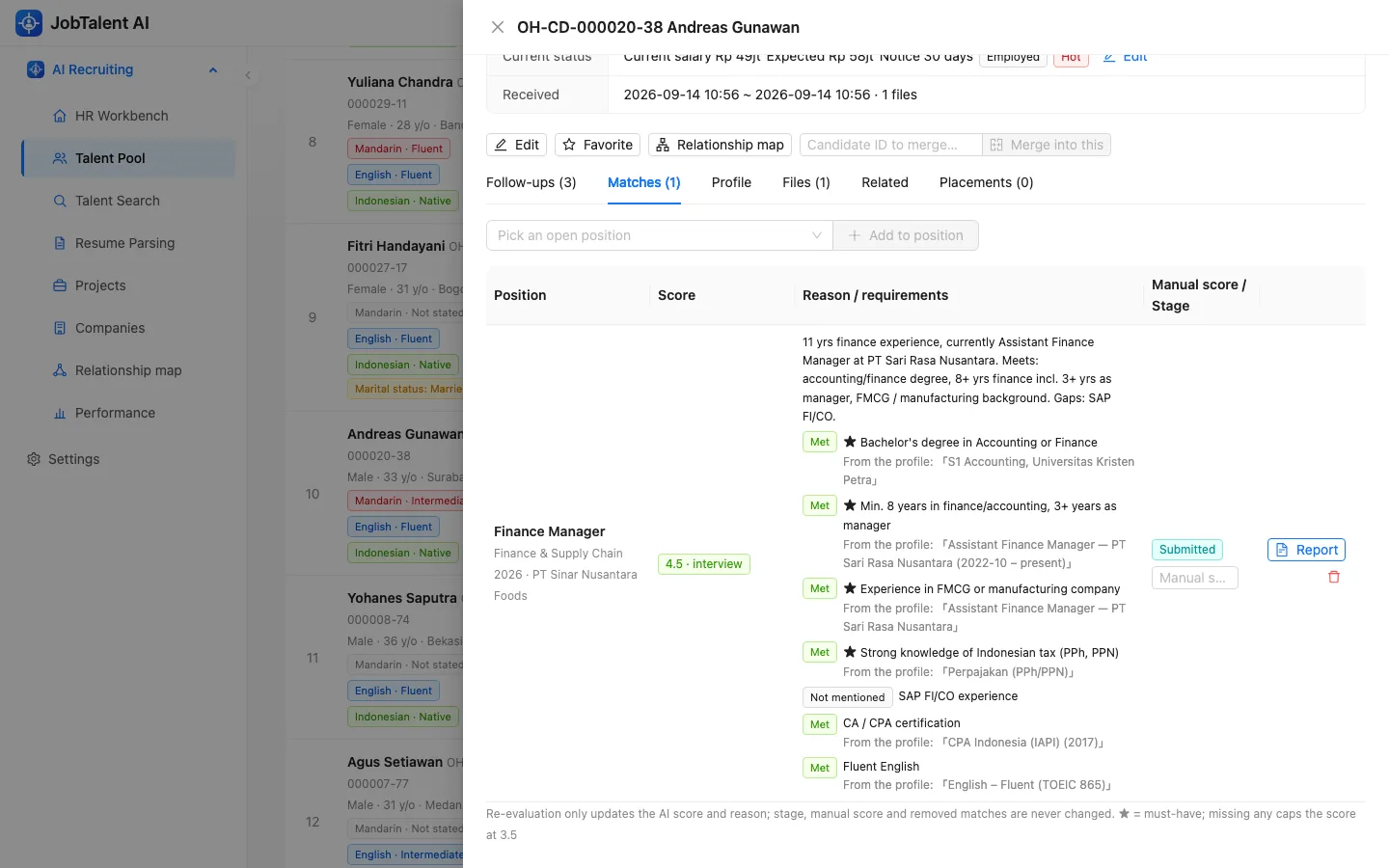 Per-requirement scores with evidence from the resume