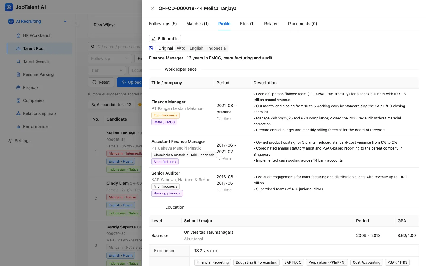 Parsed candidate profile